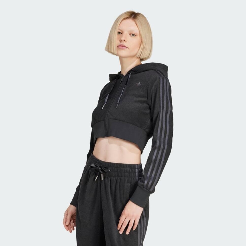 Adidas Cropped Full Zip Hoodie Gray Satin Trim Terry womens XL JN3006 NWT
